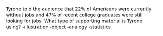 Tyrone told the audience that 22% of Americans were currently without jobs and 47% of recent college graduates were still looking for jobs. What type of supporting material is Tyrone using? -illustration -object -analogy -statistics