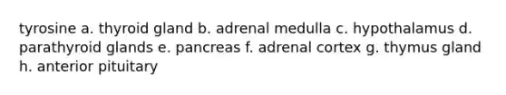 tyrosine a. thyroid gland b. adrenal medulla c. hypothalamus d. parathyroid glands e. pancreas f. adrenal cortex g. thymus gland h. anterior pituitary