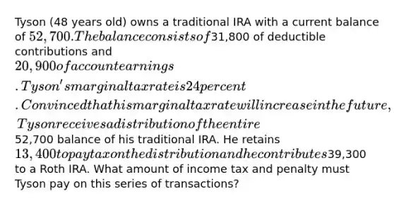 Tyson (48 years old) owns a traditional IRA with a current balance of 52,700. The balance consists of31,800 of deductible contributions and 20,900 of account earnings. Tyson's marginal tax rate is 24 percent. Convinced that his marginal tax rate will increase in the future, Tyson receives a distribution of the entire52,700 balance of his traditional IRA. He retains 13,400 to pay tax on the distribution and he contributes39,300 to a Roth IRA. What amount of income tax and penalty must Tyson pay on this series of transactions?