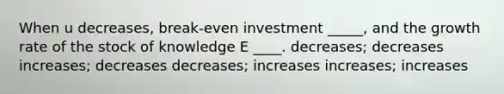 When u decreases, break-even investment _____, and the growth rate of the stock of knowledge E ____. decreases; decreases increases; decreases decreases; increases increases; increases