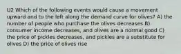 U2 Which of the following events would cause a movement upward and to the left along the demand curve for olives? A) the number of people who purchase the olives decreases B) consumer income decreases, and olives are a normal good C) the price of pickles decreases, and pickles are a substitute for olives D) the price of olives rise