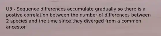 U3 - Sequence differences accumulate gradually so there is a postive correlation between the number of differences between 2 species and the time since they diverged from a common ancestor