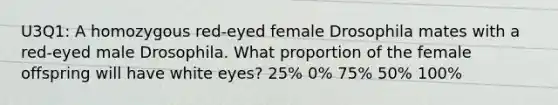 U3Q1: A homozygous red-eyed female Drosophila mates with a red-eyed male Drosophila. What proportion of the female offspring will have white eyes? 25% 0% 75% 50% 100%