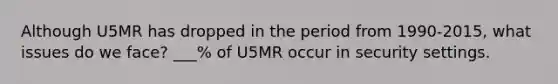 Although U5MR has dropped in the period from 1990-2015, what issues do we face? ___% of U5MR occur in security settings.