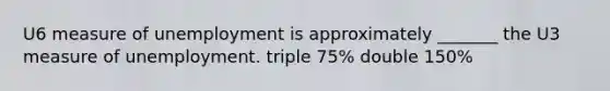 U6 measure of unemployment is approximately _______ the U3 measure of unemployment. triple 75% double 150%