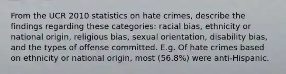 From the UCR 2010 statistics on hate crimes, describe the findings regarding these categories: racial bias, ethnicity or national origin, religious bias, sexual orientation, disability bias, and the types of offense committed. E.g. Of hate crimes based on ethnicity or national origin, most (56.8%) were anti-Hispanic.