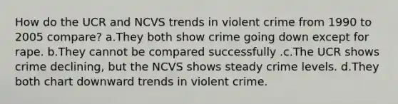 How do the UCR and NCVS trends in violent crime from 1990 to 2005 compare? a.They both show crime going down except for rape. b.They cannot be compared successfully .c.The UCR shows crime declining, but the NCVS shows steady crime levels. d.They both chart downward trends in violent crime.