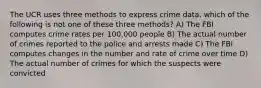 The UCR uses three methods to express crime data. which of the following is not one of these three methods? A) The FBI computes crime rates per 100,000 people B) The actual number of crimes reported to the police and arrests made C) The FBI computes changes in the number and rate of crime over time D) The actual number of crimes for which the suspects were convicted