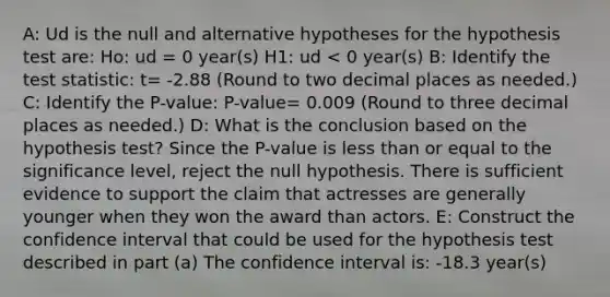 A: Ud is the null and alternative hypotheses for the hypothesis test are: Ho: ud = 0 year(s) H1: ud < 0 year(s) B: Identify <a href='https://www.questionai.com/knowledge/kzeQt8hpQB-the-test-statistic' class='anchor-knowledge'>the test statistic</a>: t= -2.88 (Round to two decimal places as needed.) C: Identify the P-value: P-value= 0.009 (Round to three decimal places as needed.) D: What is the conclusion based on the hypothesis test? Since the​ P-value is <a href='https://www.questionai.com/knowledge/k7BtlYpAMX-less-than' class='anchor-knowledge'>less than</a> or equal to the significance​ level, reject the null hypothesis. There is sufficient evidence to support the claim that actresses are generally younger when they won the award than actors. E: Construct the confidence interval that could be used for the hypothesis test described in part (a) The confidence interval is: -18.3 year(s) <ud < -4.1year(s)