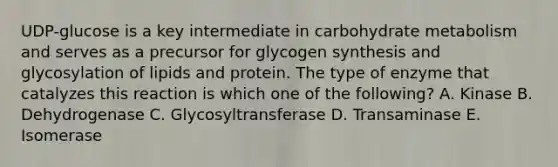 UDP-glucose is a key intermediate in carbohydrate metabolism and serves as a precursor for glycogen synthesis and glycosylation of lipids and protein. The type of enzyme that catalyzes this reaction is which one of the following? A. Kinase B. Dehydrogenase C. Glycosyltransferase D. Transaminase E. Isomerase