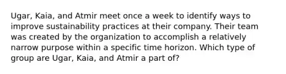 Ugar, Kaia, and Atmir meet once a week to identify ways to improve sustainability practices at their company. Their team was created by the organization to accomplish a relatively narrow purpose within a specific time horizon. Which type of group are Ugar, Kaia, and Atmir a part of?