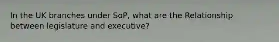 In the UK branches under SoP, what are the Relationship between legislature and executive?