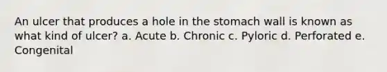 An ulcer that produces a hole in the stomach wall is known as what kind of ulcer? a. Acute b. Chronic c. Pyloric d. Perforated e. Congenital