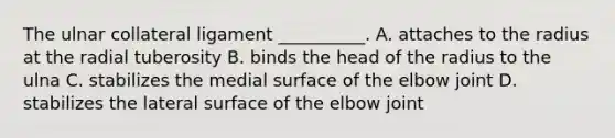 The ulnar collateral ligament __________. A. attaches to the radius at the radial tuberosity B. binds the head of the radius to the ulna C. stabilizes the medial surface of the elbow joint D. stabilizes the lateral surface of the elbow joint