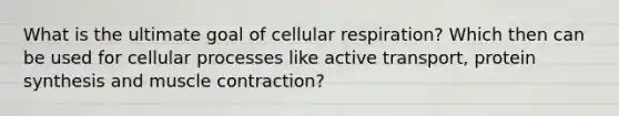 What is the ultimate goal of cellular respiration? Which then can be used for cellular processes like active transport, protein synthesis and muscle contraction?