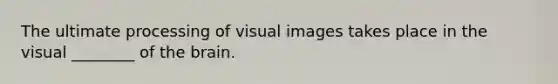 The ultimate processing of visual images takes place in the visual ________ of <a href='https://www.questionai.com/knowledge/kLMtJeqKp6-the-brain' class='anchor-knowledge'>the brain</a>.