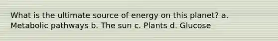 What is the ultimate source of energy on this planet? a. Metabolic pathways b. The sun c. Plants d. Glucose