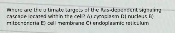 Where are the ultimate targets of the Ras-dependent signaling cascade located within the cell? A) cytoplasm D) nucleus B) mitochondria E) cell membrane C) endoplasmic reticulum