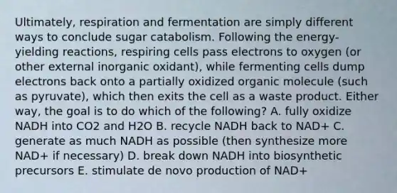 Ultimately, respiration and fermentation are simply different ways to conclude sugar catabolism. Following the energy-yielding reactions, respiring cells pass electrons to oxygen (or other external inorganic oxidant), while fermenting cells dump electrons back onto a partially oxidized organic molecule (such as pyruvate), which then exits the cell as a waste product. Either way, the goal is to do which of the following? A. fully oxidize NADH into CO2 and H2O B. recycle NADH back to NAD+ C. generate as much NADH as possible (then synthesize more NAD+ if necessary) D. break down NADH into biosynthetic precursors E. stimulate de novo production of NAD+