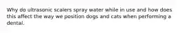 Why do ultrasonic scalers spray water while in use and how does this affect the way we position dogs and cats when performing a dental.