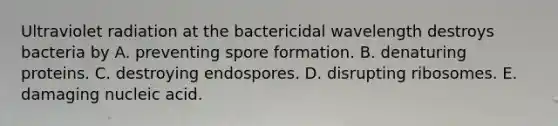 Ultraviolet radiation at the bactericidal wavelength destroys bacteria by A. preventing spore formation. B. denaturing proteins. C. destroying endospores. D. disrupting ribosomes. E. damaging nucleic acid.