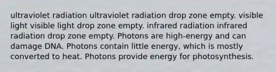 ultraviolet radiation ultraviolet radiation drop zone empty. visible light visible light drop zone empty. infrared radiation infrared radiation drop zone empty. Photons are high-energy and can damage DNA. Photons contain little energy, which is mostly converted to heat. Photons provide energy for photosynthesis.