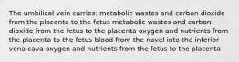 The umbilical vein carries: metabolic wastes and carbon dioxide from the placenta to the fetus metabolic wastes and carbon dioxide from the fetus to the placenta oxygen and nutrients from the placenta to the fetus blood from the navel into the inferior vena cava oxygen and nutrients from the fetus to the placenta