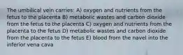 The umbilical vein carries: A) oxygen and nutrients from the fetus to the placenta B) metabolic wastes and carbon dioxide from the fetus to the placenta C) oxygen and nutrients from the placenta to the fetus D) metabolic wastes and carbon dioxide from the placenta to the fetus E) blood from the navel into the inferior vena cava