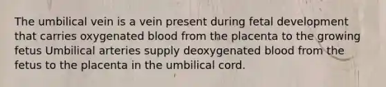 The umbilical vein is a vein present during <a href='https://www.questionai.com/knowledge/kmyRuaFuMz-fetal-development' class='anchor-knowledge'>fetal development</a> that carries oxygenated blood from the placenta to the growing fetus Umbilical arteries supply deoxygenated blood from the fetus to the placenta in the umbilical cord.