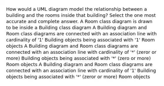 How would a UML diagram model the relationship between a building and the rooms inside that building? Select the one most accurate and complete answer. A Room class diagram is drawn to be inside a Building class diagram A Building diagram and Room class diagrams are connected with an association line with cardinality of '1' Building objects being associated with '1' Room objects A Building diagram and Room class diagrams are connected with an association line with cardinality of '*' (zeror or more) Building objects being associated with '*' (zero or more) Room objects A Building diagram and Room class diagrams are connected with an association line with cardinality of '1' Building objects being associated with '*' (zeror or more) Room objects