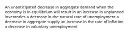 An unanticipated decrease in aggregate demand when the economy is in equilibrium will result in an increase in unplanned inventories a decrease in the natural rate of unemployment a decrease in aggregate supply an increase in the rate of inflation a decrease in voluntary unemployment