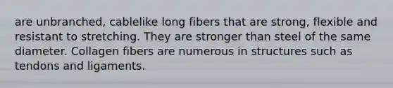 are unbranched, cablelike long fibers that are strong, flexible and resistant to stretching. They are stronger than steel of the same diameter. Collagen fibers are numerous in structures such as tendons and ligaments.