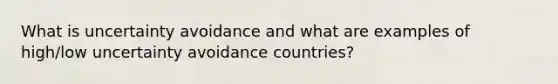 What is uncertainty avoidance and what are examples of high/low uncertainty avoidance countries?