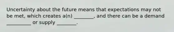 Uncertainty about the future means that expectations may not be met, which creates a(n) ________, and there can be a demand __________ or supply ________.