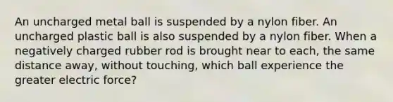 An uncharged metal ball is suspended by a nylon fiber. An uncharged plastic ball is also suspended by a nylon fiber. When a negatively charged rubber rod is brought near to each, the same distance away, without touching, which ball experience the greater electric force?