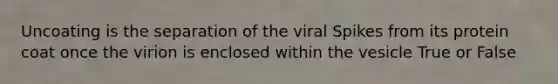 Uncoating is the separation of the viral Spikes from its protein coat once the virion is enclosed within the vesicle True or False