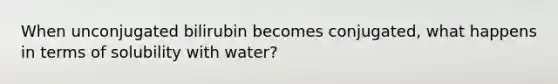 When unconjugated bilirubin becomes conjugated, what happens in terms of solubility with water?