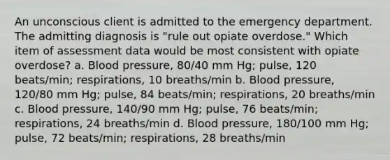 An unconscious client is admitted to the emergency department. The admitting diagnosis is "rule out opiate overdose." Which item of assessment data would be most consistent with opiate overdose? a. Blood pressure, 80/40 mm Hg; pulse, 120 beats/min; respirations, 10 breaths/min b. Blood pressure, 120/80 mm Hg; pulse, 84 beats/min; respirations, 20 breaths/min c. Blood pressure, 140/90 mm Hg; pulse, 76 beats/min; respirations, 24 breaths/min d. Blood pressure, 180/100 mm Hg; pulse, 72 beats/min; respirations, 28 breaths/min