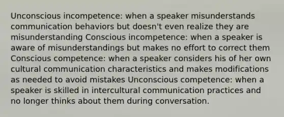 Unconscious incompetence: when a speaker misunderstands communication behaviors but doesn't even realize they are misunderstanding Conscious incompetence: when a speaker is aware of misunderstandings but makes no effort to correct them Conscious competence: when a speaker considers his of her own cultural communication characteristics and makes modifications as needed to avoid mistakes Unconscious competence: when a speaker is skilled in intercultural communication practices and no longer thinks about them during conversation.