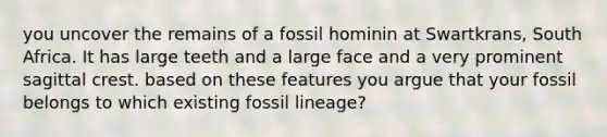 you uncover the remains of a fossil hominin at Swartkrans, South Africa. It has large teeth and a large face and a very prominent sagittal crest. based on these features you argue that your fossil belongs to which existing fossil lineage?