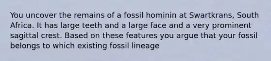 You uncover the remains of a fossil hominin at Swartkrans, South Africa. It has large teeth and a large face and a very prominent sagittal crest. Based on these features you argue that your fossil belongs to which existing fossil lineage