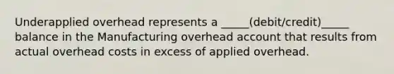 Underapplied overhead represents a _____(debit/credit)_____ balance in the Manufacturing overhead account that results from actual overhead costs in excess of applied overhead.