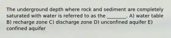 The underground depth where rock and sediment are completely saturated with water is referred to as the ________. A) water table B) recharge zone C) discharge zone D) unconfined aquifer E) confined aquifer