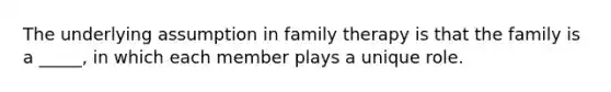 The underlying assumption in family therapy is that the family is a _____, in which each member plays a unique role.