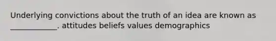 Underlying convictions about the truth of an idea are known as ____________. attitudes beliefs values demographics