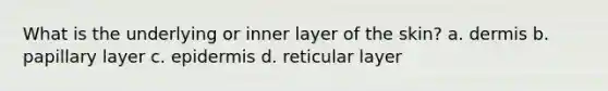 What is the underlying or inner layer of the skin? a. dermis b. papillary layer c. epidermis d. reticular layer