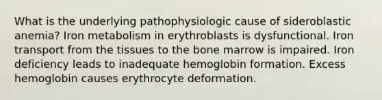 What is the underlying pathophysiologic cause of sideroblastic anemia? Iron metabolism in erythroblasts is dysfunctional. Iron transport from the tissues to the bone marrow is impaired. Iron deficiency leads to inadequate hemoglobin formation. Excess hemoglobin causes erythrocyte deformation.