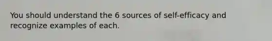 You should understand the 6 sources of self-efficacy and recognize examples of each.