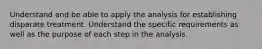 Understand and be able to apply the analysis for establishing disparate treatment. Understand the specific requirements as well as the purpose of each step in the analysis.