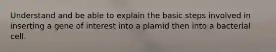 Understand and be able to explain the basic steps involved in inserting a gene of interest into a plamid then into a bacterial cell.